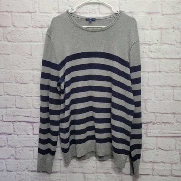 Gap Striped Pullover Sweater Sz XL Navy Gray Slim Fit Cotton Skater Preppy Retro - Picture 1 of 7